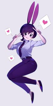 1girl 2022 absurdres arms_up belt blue_background blue_eyes blush_stickers breasts collared_shirt commentary double_v english_commentary female_focus flats full_body hair_between_eyes hands_up heart high-waist_pants highres long_sleeves medium_breasts meloni_shvarts midair necktie office_lady original pants purple_hair purple_necktie purple_pants purple_shoes rabbit_ears sam_(meloni_shvarts) shirt shoes short_hair simple_background solo spoken_expression spoken_heart tongue tongue_out v white_shirt