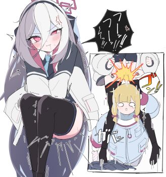 2girls anger_vein araara_do black_headband black_thighhighs blonde_hair blue_archive blue_necktie blunt_bangs blush bottomless bow cleft_of_venus collared_shirt commentary_request covering_crotch covering_privates gluteal_fold hair_between_eyes hair_bow halo headband highres holding holding_panties holding_underwear holding_unworn_clothes jacket kei_(blue_archive) kei_(student)_(blue_archive) legs_together long_hair long_hair_between_eyes long_sleeves medium_hair momoi_(armed)_(blue_archive) momoi_(blue_archive) multi-source_commentary multiple_girls necktie open_clothes open_jacket pain panties pussy red_eyes red_halo ringed_eyes saliva shirt sidelocks simple_background skirt striped_clothes striped_panties teardrop thighhighs translation_request turn_pale twitching underwear unworn_panties unworn_skirt v-shaped_eyebrows white_background white_hair wide_oval_eyes