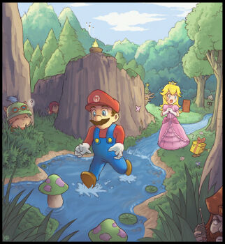 1boy 1girl blonde_hair blue_eyes brown_hair character_request crossover dress hat karbo league_of_legends mario mario_(series) mushroom nintendo princess_peach river super_mario_bros._1 teemo tree