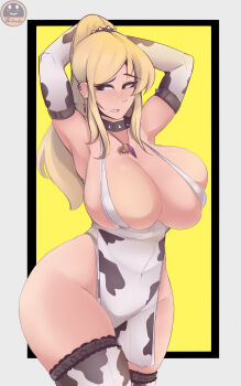 1girl alternate_breast_size_(larger) alternate_costume animal_print armpits arms_behind_head artist_name black_collar black_eyes blonde_hair border breasts collar commentary cow_print cow_print_dress cow_print_gloves cow_print_thighhighs cowboy_shot curvy dress earrings elbow_gloves english_commentary ferdinandusdart gloves highleg highleg_dress highres huge_breasts jewelry long_hair looking_at_viewer metroid metroid_(creature) metroid_larva mole mole_under_mouth necklace nintendo outside_border parted_lips pelvic_curtain ponytail print_gloves print_thighhighs samus_aran skindentation solo spiked_collar spikes thighhighs thighs variant_set white_border white_dress wide_hips yellow_background