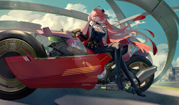 1girl alternate_costume black_dress black_pantyhose black_shoes breasts changli_(wuthering_waves) chinese_commentary commentary_request crossed_legs dress feather_hair hair_between_eyes hand_up high_heels highres jacket large_breasts long_hair looking_at_viewer motor_vehicle motorcycle multicolored_hair pantyhose parted_lips pink_hair red_jacket ruoruoqiu shoes solo two-tone_hair white_hair wind wuthering_waves yellow_eyes