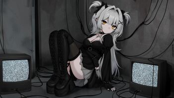 1girl against_wall black_boots black_bow black_dress black_nails boots bow bracelet breasts cable choker ciri_(vtuber) cleavage closed_mouth commentary_request crt dress ear_piercing expressionless fingerless_gloves from_side gloves grey_hair grey_skirt hair_bow hair_intakes highres indie_virtual_youtuber jewelry looking_at_viewer looking_to_the_side medium_breasts nail_polish necklace on_floor piercing platform_boots pointy_ears skirt skirt_under_dress spiked_bracelet spiked_choker spikes static thigh_boots two_side_up vickie_(cryingrobot) virtual_youtuber yellow_eyes