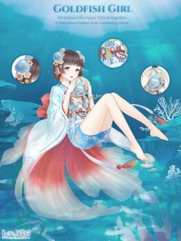 1girl artist_request back_bow ball bare_legs barefoot blue_eyes blue_flower blue_kimono blue_sash blunt_bangs blunt_ends bob_cut bow brown_hair character_name checkered_sash close-up closed_mouth copyright_logo coral dot_nose english_text eyelashes feet fins fish_tail floating flower flower_knot full_body goldfish_girl_(miracle_nikki) hair_flower hair_ornament happy holding holding_ball japanese_clothes kimono kimono_dress light_particles light_rays lipstick logo long_sleeves looking_at_viewer makeup miracle_nikki nikki_(series) obi official_art red_bow red_lips red_ribbon red_tail ribbon robe sash short_hair smile solo tail tassel tassel_hair_ornament third-party_source toes two-tone_sash underwater waist_ribbon white_flower white_robe white_sash wide_sleeves