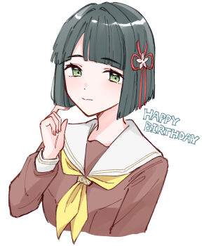 1girl black_hair blunt_bangs blunt_ends bob_cut commentary cropped_torso dress flower flower_knot green_eyes hair_flower hair_intakes hair_ornament happy_birthday hashtag-only_commentary hasu_no_sora_school_uniform highres link!_like!_love_live! long_sleeves looking_at_viewer love_live! momose_ginko neckerchief sailor_collar sailor_dress school_uniform short_hair simple_background solo upper_body virtual_youtuber white_background white_flower white_sailor_collar winter_uniform yellow_neckerchief zangemiya