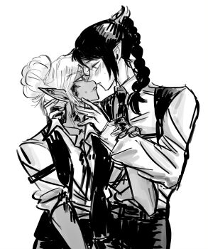 Rule 34 | 2girls, baldur's gate, baldur's gate 3, blood, blood on face, blush, braid, closed mouth, collared shirt, commentary, dungeons & dragons, elf, english commentary, eye contact, greyscale, hand on another's shoulder, highres, long sleeves, looking at another, minthara, monochrome, multiple girls, necktie, parted lips, pointy ears, powshroom, shadowheart (baldur's gate), shirt, single braid, sleeves rolled up, vest, yuri