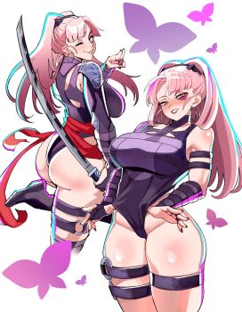 1girl alternate_costume ass breasts ceroccb cosplay earrings fire_emblem fire_emblem:_three_houses halter_leotard halterneck highleg highleg_leotard highres hilda_valentine_goneril holding holding_sword holding_weapon hoop_earrings jewelry large_breasts leotard marvel marvel_rivals nintendo pink_eyes pink_hair psylocke psylocke_(cosplay) psylocke_(vengeance) purple_leotard red_sash sash skindentation superhero_costume sword thick_thighs thighs waist_sash weapon x-men