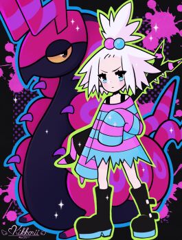 Rule 34 | 1girl, blue eyes, blush, boots, commentary, dress, gen 5 pokemon, hair bobbles, hair ornament, highres, kikkorii, looking at viewer, multicolored hair bobbles, nintendo, pokemon, pokemon (creature), pokemon bw, roxie (pokemon), scolipede, short hair, striped clothes, striped dress, topknot, untranslatable commentary, white hair