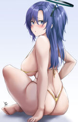 Rule 34 | 1girl, ass, bikini, blue archive, blue eyes, blush, breasts, gold bikini, halo, highres, ibara azuki, large breasts, long hair, looking at viewer, looking back, mechanical halo, purple hair, sitting, solo, swimsuit, two side up, yuuka (blue archive)