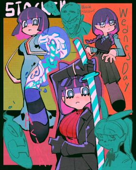 1girl black_gloves blue_eyes blunt_bangs bow coat gloves highres holding holding_sword holding_weapon long_hair looking_at_viewer multicolored_hair open_clothes open_coat panty_&amp;_stocking_with_garterbelt pink_hair purple_bow purple_hair short_hair smile stocking_(psg) striped_clothes striped_hair striped_thighhighs sword thighhighs two-tone_hair wasabee777 weapon