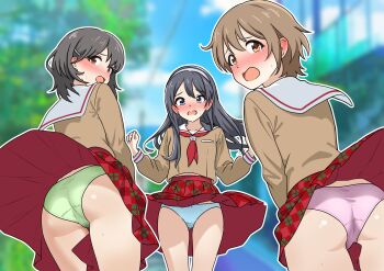 3girls aqua_panties ass ayafuya-p black_hair black_shirt blue_eyes blurry blurry_background blush brown_eyes brown_hair character_request choppy_bangs clothes_lift commentary_request commission cowboy_shot crotch_seam day double-parted_bangs embarrassed floating_hair green_panties grey_hair hairband highres idolmaster idolmaster_million_live! idolmaster_million_live!_theater_days long_hair long_sleeves looking_at_viewer looking_back multiple_girls neckerchief nose_blush open_mouth outdoors outline panties pantyshot pink_hairband pink_panties pixiv_commission plaid_clothes plaid_skirt raised_inner_eyebrows red_eyes red_neckerchief red_skirt sailor_collar shirt short_hair skirt skirt_lift small_sweatdrop surprised tearing_up turning_head underwear white_outline white_sailor_collar wind wind_lift