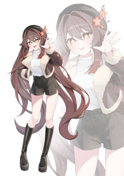 1girl :p absurdres alternate_costume black_hat blush boots brown_hair brown_shorts closed_mouth commentary_request flower-shaped_pupils fur_trim genshin_impact gradient_hair gya_(144) hand_in_pocket hat highres hu_tao_(genshin_impact) long_hair looking_at_viewer multicolored_hair open_mouth outdoors red_eyes red_hair shirt shorts simple_background symbol-shaped_pupils thigh_boots tongue tongue_out twintails very_long_hair white_background white_shirt zoom_layer