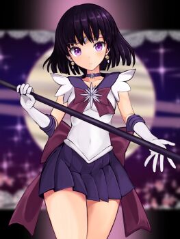 1girl bishoujo_senshi_sailor_moon black_hair blurry blurry_background choker commentary_request cowboy_shot elbow_gloves gloves highres leotard looking_at_viewer panda_sasasa pleated_skirt purple_choker purple_eyes purple_sailor_collar purple_shirt sailor_collar sailor_saturn sailor_senshi sailor_senshi_uniform shirt short_hair silence_glaive skirt solo tomoe_hotaru white_gloves white_leotard