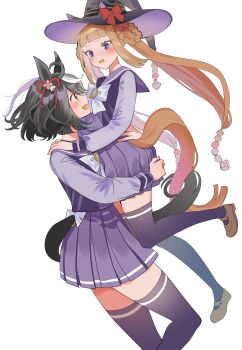 Rule 34 | 2girls, absurdres, ahoge, animal ears, black hair, blush, braid, braided hair rings, breasts, brown hair, commentary request, hair between eyes, hair rings, hat, highres, horse ears, horse girl, horse tail, kitasan black (umamusume), long hair, long sleeves, looking at another, medium hair, mosu2, multicolored hair, multiple girls, purple eyes, school uniform, simple background, smile, sweep tosho (umamusume), tail, thighhighs, tracen school uniform, umamusume, umamusume horse relations, white hair, witch hat