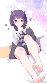 Rule 34 | 1girl, absurdres, barefoot, bed, black shorts, blue eyes, blunt bangs, blush, bob cut, breasts, cookie, eating, feet, food, grey hood, grey jacket, headphones, headphones around neck, highres, hololive, hololive english, hood, hooded jacket, hoodie, jacket, looking at viewer, mole, mole under eye, namiorii, ninomae ina'nis, ninomae ina'nis (loungewear), official alternate costume, official alternate hair length, official alternate hairstyle, on bed, open car hood, pillow, pointy ears, print shirt, purple hair, purple hood, purple hoodie, rabbit ears antenna, shirt, short hair, short shorts, short sleeves, shorts, sitting, small breasts, soles, solo, t-shirt, takodachi (ninomae ina'nis), tentacle hair, thighs, toes, virtual youtuber, white shirt