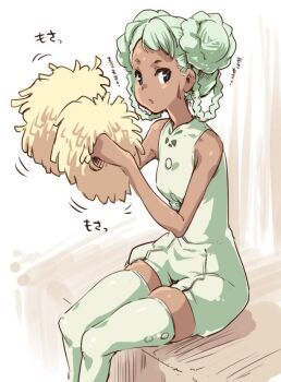 1girl :o bare_shoulders bindi black_eyes braid braided_hair_rings breasts buttons dark-skinned_female dark_skin double_bun facial_mark female_focus forehead_mark from_side gundam gundam_g_no_reconguista hair_bun hair_rings halterneck holding looking_at_viewer motion_lines open_mouth pom_pom_(cheerleading) raraiya_monday short_hair short_jumpsuit sitting sketch skindentation small_breasts solo thighhighs thomasz twin_braids unitard white_hair white_thighhighs zettai_ryouiki