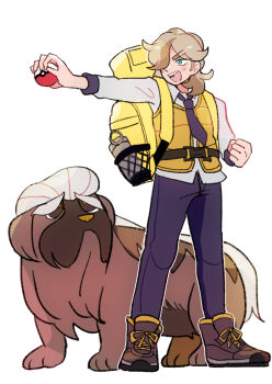 1boy arven_(pokemon) backpack bag blue_eyes brown_fur brown_hair clenched_hand commentary_request dog eyelashes full_body hair_over_one_eye highres holding holding_poke_ball long_hair long_sleeves mabosstiff male_focus necktie nintendo oekipypy one_eye_covered open_mouth outstretched_arm pants poke_ball poke_ball_(basic) pokemon pokemon_(creature) pokemon_sv purple_necktie purple_pants school_uniform sleeve_cuffs smile solo teeth upper_teeth_only uva_academy_school_uniform vest white_background yellow_bag yellow_vest