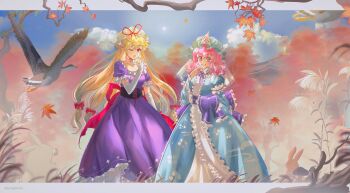 Rule 34 | 2girls, :q, absurdres, artist name, autumn leaves, back bow, bird, bird request, blonde hair, blue hat, blue kimono, blush, bow, cha xian, commentary, dress, elbow gloves, falling leaves, frilled kimono, frills, gloves, hair bow, hat, hat ribbon, highres, japanese clothes, kimono, leaf, long hair, long sleeves, maple leaf, mob cap, multiple girls, multiple hair bows, mushroom, neck ribbon, open mouth, pink eyes, pink hair, purple dress, purple eyes, purple ribbon, rabbit, red bow, ribbon, saigyouji yuyuko, sleeve garter, tongue, tongue out, touhou, triangular headpiece, very long hair, white gloves, wide sleeves, yakumo yukari, yawning