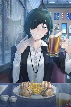 2girls beer_mug black_hair black_jacket blue_eyes blush burger chainsaw_man collared_shirt colored_eyelashes commentary cup diner english_commentary eyepatch fiona_frost food french_fries hair_over_one_eye highres himeno_(chainsaw_man) holding holding_cup jacket jewelry looking_at_viewer mug multiple_girls necklace parted_lips plate popped_collar rain rappa_(sirrappa) right-hook_dog sandwich shirt short_hair smile spy_x_family white_hair white_shirt