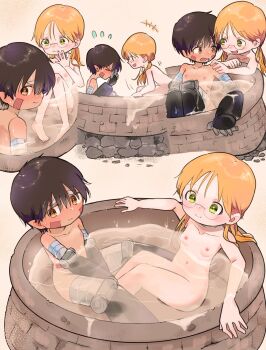1boy 1girl blonde_hair brown_eyes brown_hair completely_nude glasses green_eyes hetero loli made_in_abyss mechanical_arms mechanical_legs miniminittm61 mixed-sex_bathing nipples nude partially_submerged pussy reg_(made_in_abyss) riko_(made_in_abyss) shared_bathing shota water