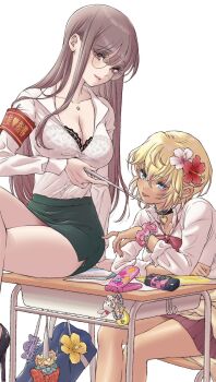 2girls animal_charm armband bag black_bra black_choker blonde_hair blue_eyes bow bowtie bra bra_visible_through_clothes bracelet breasts brown_eyes brown_hair camera cellphone cellphone_charm charm_(object) choker cleavage closed_mouth collarbone commentary_request crossed_bangs desk flower glasses grey_skirt gyaru hair_between_eyes hair_flower hair_ornament heart heart_choker highres holding holding_pointer iwami_kiyoko jewelry kogal long_bangs long_hair long_sleeves medium_hair miniskirt multiple_girls necklace notebook on_desk original pearl_bracelet pencil_skirt phone pink_flower pink_scrunchie pointer rabbit_charm red_armband red_bow red_bowtie red_flower red_skirt round_eyewear school_bag school_desk scrunchie see-through_clothes see-through_shirt shirt shirt_tucked_in simple_background sitting skirt star_(symbol) star_necklace straight_hair swept_bangs tongue tongue_out underwear white_background white_shirt wrist_scrunchie yellow_flower yuri