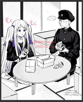 Rule 34 | ..., 1boy, 1girl, :o, atyakodayo1, bandaged head, bandages, box, cardboard box, chabudai, covered face, expressionless, full body, gakuran, gakuseibou, gashapon, geminism, gloves, greyscale, hair ribbon, hat, hirosoma kikyou, holding, indoors, light blush, long hair, long sleeves, looking at another, monochrome, on floor, one eye covered, purple eyes, purple ribbon, ribbon, scene reference, school uniform, seiza, serafuku, shirt, sitting, skirt, spoken ellipsis, spot color, staring, table, tatami, translation request, twitter username, two side up, working, yamaga awasumi