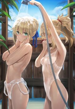 2girls armpits aroused_nosebleed artoria_pendragon_(fate) blonde_hair blood blue_sky braid braided_bun breasts commentary_request covering_breasts covering_privates fate/grand_order fate_(series) female_pervert green_eyes hair_bun highres holding holding_hose hose mordred_(fate) mother_and_daughter multiple_girls navel nosebleed one-piece_swimsuit pervert ponytail saber_(fate) see-through_clothes see-through_one-piece_swimsuit short_hair showering sky small_breasts stomach thighhighs tonee wet wet_clothes yuri