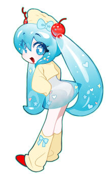 1girl ass blue_bow blue_dress blue_eyes blue_hair blue_skirt bow bright_pupils charles_(106858) cherry commentary cropped_shirt dress food from_side fruit hair_between_eyes hair_bow hand_on_own_hip heart highres ice_cream leaning_forward leg_warmers light_blush liquid_hair long_hair open_mouth original panties red_shoes see-through_clothes shirt shoes simple_background skirt smile solo standing star_(symbol) symbol-only_commentary turning_head twintails underwear very_long_hair white_background white_panties white_pupils yellow_leg_warmers yellow_shirt