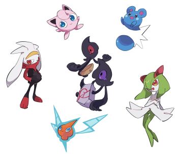 animal_ears azurill black_eyes blue_eyes blue_fur colored_skin electricity furry galarian_form galarian_yamask gen_1_pokemon gen_3_pokemon gen_4_pokemon gen_5_pokemon gen_8_pokemon ghost green_hair green_skin hair_over_one_eye highres horns jigglypuff kirlia multicolored_skin nintendo pink_eyes pink_skin pokemon pokemon_(creature) purple_eyes rabbit_ears raboot red_eyes rotom sidelocks simple_background smile two-tone_skin white_background white_fur white_skin xxxo_oxxx yamask