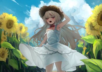 1girl absurdres arm_up armpits bare_shoulders blush cloud collar commentary_request cowboy_shot day dress fangs floating_hair flower grey_hair hat highres long_hair looking_at_viewer makaino_ririmu makaino_ririmu_(3rd_costume) multicolored_hair nijisanji open_mouth outdoors pink_eyes pink_hair pointy_ears red_collar sky smile solo strap_slip straw_hat streaked_hair sundress sunflower tuki_neko9 two-tone_hair virtual_youtuber white_dress