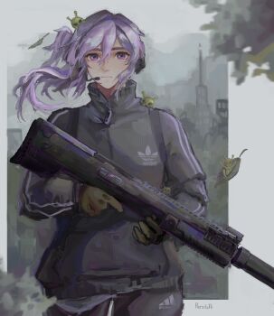 1girl absurdres adidas artist_name ash-12.7 black_jacket black_pants closed_mouth eepy_sleepy gloves gun hair_between_eyes headset highres holding holding_gun holding_weapon jacket leaf long_hair long_sleeves looking_at_viewer pants persifalli phase_connect ponytail purple_eyes purple_hair rifle shotgun solo track_jacket track_pants track_suit trigger_discipline virtual_youtuber weapon zipper
