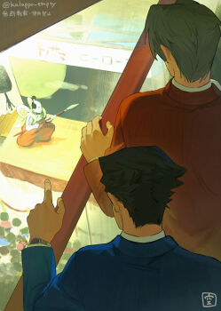 3boys absurdres ace_attorney black_hair blue_jacket from_behind grey_hair highres jacket kalappo_empty long_sleeves male_focus miles_edgeworth multiple_boys phoenix_wright pointing railing red_jacket shirt sign spiked_hair stage steel_samurai twitter_username white_shirt