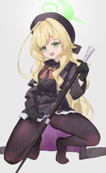 1girl :d absurdres beret black_bow black_coat black_dress black_gloves black_hat black_pantyhose black_sailor_collar black_serafuku black_shirt black_skirt blonde_hair blue_archive blush bow bowtie cane coat commentary covering_crotch covering_privates cowlick dress feet frilled_dress frilled_skirt frills full_body furrowed_brow gloves gluteal_fold green_eyes green_halo hair_bow hair_intakes halo hand_up hat highres holding holding_cane kneeling light_blush loli long_hair long_sidelocks long_sleeves looking_at_viewer naughty_face no_shoes open_clothes open_coat open_mouth panties panties_under_pantyhose pantyhose pleated_skirt professor_niyaniya_(blue_archive) red_bow red_bowtie sailor_collar school_uniform serafuku sercet shirt sidelocks simple_background skirt smile solo squatting thighs tiptoes toes underwear very_long_hair wavy_hair white_background wide_sleeves yellow_halo