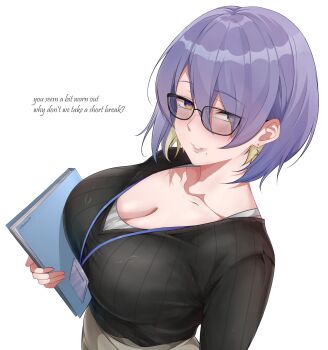 Rule 34 | black dress, book, breasts, cleavage, commentary, dress, english commentary, from above, glasses, highres, holding, holding book, hololive, hololive indonesia, horisu (kholiskun), id card, long sleeves, looking at viewer, moona hoshinova, multicolored hair, office lady, pencil skirt, purple eyes, purple hair, short hair, skirt, smile, virtual youtuber
