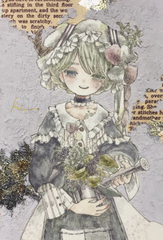 Rule 34 | 1girl, acrylic paint (medium), blush, bouquet, braid, choker, commentary request, cowboy shot, dress, english text, flower, green eyes, green hair, grey background, hair ribbon, hat, highres, holding, holding flower, holding watering can, karintoun, long sleeves, looking at viewer, maid, open mouth, original, painting (medium), parted bangs, plant, ribbon, short hair, signature, simple background, smile, straight-on, traditional media, watercolor (medium), watering can