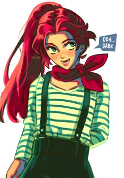 1girl absurdres arm_behind_back black_pants clair_obscur:_expedition_33 emi-bianchi english_text flat_chest freckles french_clothes green_eyes highres long_hair long_sleeves maelle_(clair_obscur:_expedition_33) neckerchief official_alternate_costume open_mouth pants parted_bangs ponytail red_eyes red_neckerchief shirt smile solo striped_clothes striped_shirt suspenders twitter_username upper_body white_background