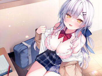 1girl absurdres bag black_skirt blue_bow blush bow bra breasts brown_cardigan brown_eyes cardigan cleavage collarbone desk ebihara_beniko hair_bow hair_ornament hairclip highres long_hair long_sleeves looking_at_viewer medium_breasts notebook open_clothes open_mouth open_shirt original pencil pink_bra plaid_clothes plaid_skirt pleated_skirt purple_hair school_bag school_desk school_uniform shirt sidelocks sitting skirt smile solo sweater underwear undressing white_shirt wooden_floor