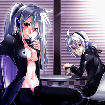 1boy 1girl ahoge alcohol breasts caffein cigarette cleavage cosplay costume_switch diner gender_request genderswap headphones honne_dell honne_dell_(cosplay) honne_deruko midriff nail_polish navel open_clothes open_shirt ponytail purple_nails red_eyes restaurant ribbon shirt silver_hair smoking tears vocaloid yowane_haku yowane_haku_(cosplay) yowane_hakuo
