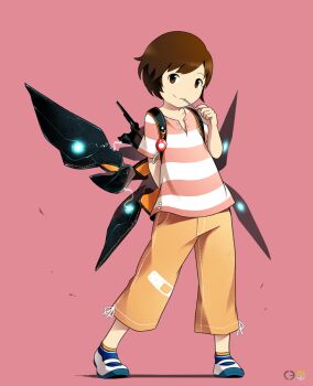 1boy brown_eyes brown_hair child commentary_request full_body looking_at_viewer male_focus noeyebrow_(mauve) original science_fiction smile solo treize_(mauve)