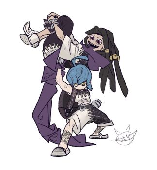 1boy 1girl ahoge backpack bag blue_hair brown_hair coat dreadlocks gachiakuta hugging_own_legs jabber_wonger kutohni_(gachiakuta) leg_tattoo long_hair looking_afar official_art open_mouth patchwork_clothes purple_coat red_eyes short_hair simple_background smile tattoo urana_kei white_background yellow_eyes