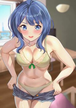 1girl blue_eyes blue_hair blurry blurry_background blush bra breasts cleavage clothes_pull commentary_request cowboy_shot cutoffs denim denim_shorts green_bra green_panties highres indoors kousan large_breasts leaning_forward looking_at_viewer make_heroine_ga_oo_sugiru! medium_hair navel no_shirt open_mouth panties short_shorts shorts shorts_pull solo standing underwear undressing yanami_anna