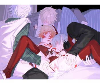 1girl 3boys aftersex black_pants black_sweater blonde_hair breasts closed_eyes collared_shirt cum cum_in_pussy cumdrip flame_reaver_of_the_deepest_dark genderswap genderswap_(mtf) grabbing_another's_breast gradient_hair green_shirt grey_jacket groping group_sex hashtag-only_commentary hat hetero honkai:_star_rail honkai_(series) jacket kissing_head lingerie long_hair medium_breasts multicolored_hair multiple_boys multiple_persona mydei_(honkai:_star_rail) open_clothes open_jacket pants phainon_(honkai:_star_rail) phainon_(khaslana)_(honkai:_star_rail) red_hair red_vest santa_hat scar scar_on_face shirt sweater topless_male turtleneck turtleneck_sweater tydjd071 underwear vest white_shirt white_vest yellow_eyes