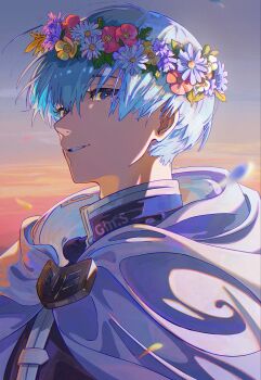 Rule 34 | 1boy, artist name, blue eyes, blue hair, blue jacket, brooch, commentary request, falling petals, flower, gin s, grey cloak, head wreath, highres, himmel (sousou no frieren), jacket, jewelry, male focus, mole, mole under eye, parted lips, petals, pink flower, purple flower, short hair, smile, solo, sousou no frieren, upper body, white flower, yellow flower