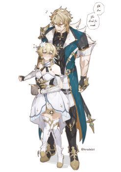 +++ 1boy 1girl absurdres arm_around_waist arm_at_side armor armor_under_clothes armored_dress asymmetrical_sleeves bare_shoulders behind_another blonde_hair blush boots breastplate breasts cleavage coat cross_scar cup detached_sleeves dress drink drooling drunk facial_scar fingerless_gloves flower full_body gauntlets genshin_impact gloves hair_between_eyes hair_flower hair_ornament hand_on_another&#039;s_stomach height_difference highres holding holding_cup kradebii legs_apart looking_at_another lumine_(genshin_impact) medium_breasts mouth_drool mug multiple_scars open_clothes open_coat pants parted_lips partially_fingerless_gloves scar scar_on_arm scar_on_cheek scar_on_face short_hair_with_long_locks short_sleeves simple_background single_gauntlet smile standing thigh_boots twitter_username varka_(genshin_impact) wooden_cup yellow_eyes