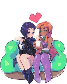 2girls artist_name bare_shoulders belt blush boots breasts cape colored_sclera cup dark-skinned_female dark_skin dc_comics full_body gloves green_eyes green_sclera latex long_hair medium_breasts multiple_girls orange_hair puffphox purple_eyes purple_hair raven_(dc) serious short_hair sitting smile starfire teen_titans white_background