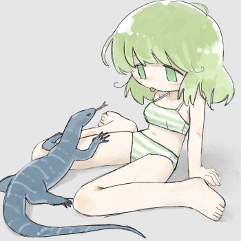 1girl barefoot blush bra choppy_bangs green_eyes green_hair grey_background highres lizard medium_hair monitor_lizard navel no_nose original panties sitting solo striped_bra striped_clothes striped_panties tareme tongue tongue_out tsukumizu_yuu underwear underwear_only wariza