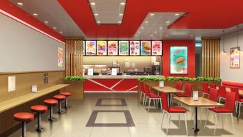 beverage_dispenser bush cash_register ceiling_light chair fast_food highres indoors menu monitor no_humans non-web_source official_art our_life our_life:_beginnings_and_always poster_(object) scenery stool table tile_floor tiles wooden_table