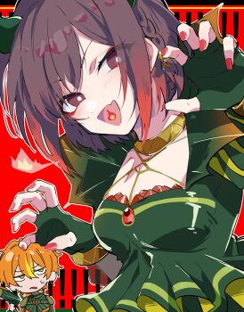 1boy 1girl breasts breath_weapon breathing_fire bright_pupils brown_hair claw_pose commentary_request dress fang fingerless_gloves fire gloves green_dress green_gloves highres looking_at_viewer nekoma_hikaru open_mouth project_sekai red_background salamander_(vocaloid) shinonome_akito shinonome_ena short_hair skin_fang white_pupils