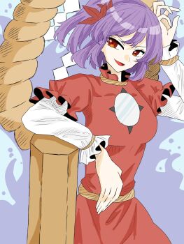 1girl :d commentary_request highres open_mouth simple_background smile smug solo touhou yasaka_kanako