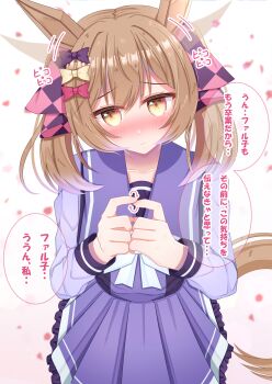 Rule 34 | 1girl, animal ears, argyle bow, blush, bow, bowtie, breasts, brown eyes, brown hair, closed mouth, collarbone, commentary request, ears wagging, hair between eyes, hair bow, highres, horse ears, horse girl, horse tail, long sleeves, looking at viewer, lpikamasi, medium hair, multiple hair bows, pink bow, pleated skirt, purple bow, purple sailor collar, purple serafuku, purple shirt, purple skirt, sailor collar, sailor shirt, school uniform, serafuku, shirt, skirt, smart falcon (umamusume), solo, speech bubble, tail, tracen school uniform, translation request, twintails, umamusume, variant set, white bow, white bowtie, yellow bow