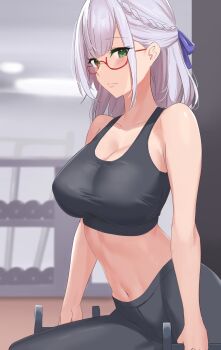 1girl bare_shoulders black_pants blush boyin braid breasts cleavage closed_mouth crown_braid dumbbell exercising from_side glasses green_eyes gym hair_ribbon highres holding hololive large_breasts medium_hair midriff navel pants ribbon shirogane_noel solo sports_bra stomach virtual_youtuber weightlifting weights white_hair yoga_pants